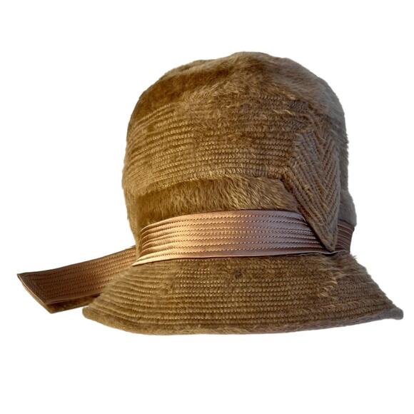 Womens Cloche Hat Bowler Hat Tan Faux Fur Mod Satin Sash Bow Germany 8" Vintage - Picture 5 of 9